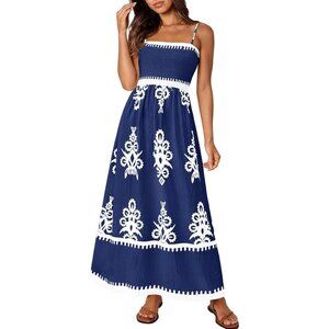 ✨Women's Blue Summer Floral Sundress Spaghetti Strap Flowy Boho Maxi Dresses